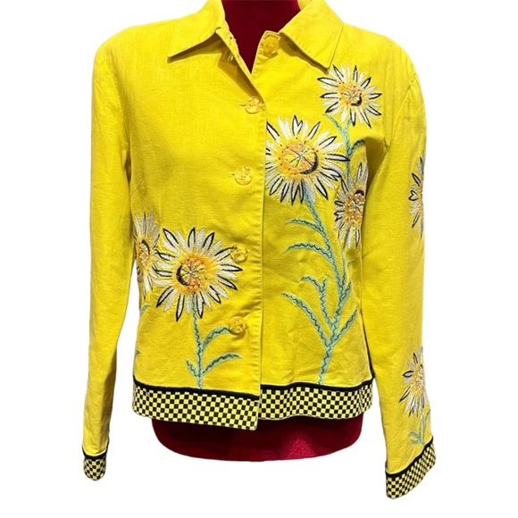 Vintage Jackets & Coats Vintage Yellow Linen Daisy Embroidered